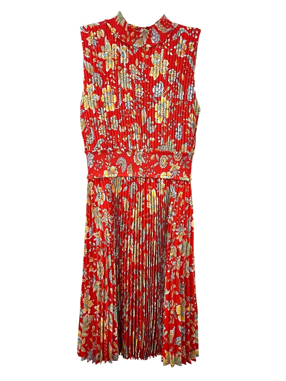 Nanette Lepore Floral Sleeveless Ruffle Mock Neck Pleated Flare Dress